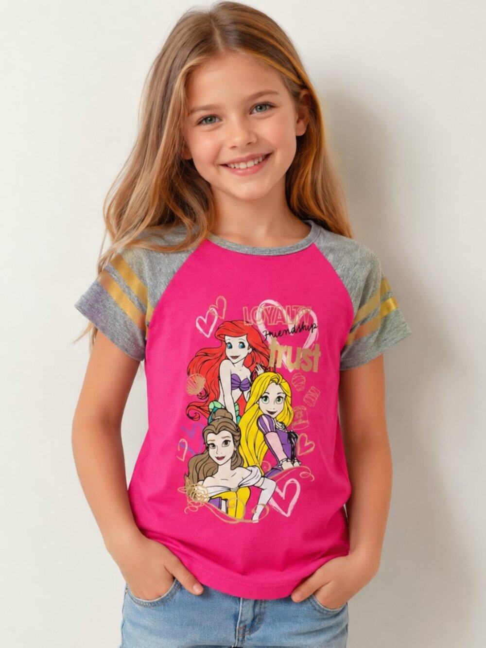 Disney Girls Graphic T-Shirt Princess Characters Casual Fuchsia Gray Size 4